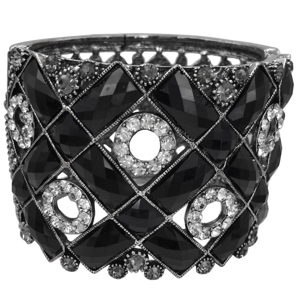 X&0 Wide Black Gem & Clear Rhinestone Hinged Chunky Statement Bangle Bracelet